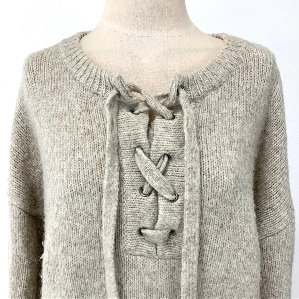 Zara- Oatmeal Lace Up Wool Blend Sweater Med - Picture 2 of 10